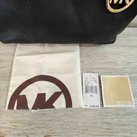 Michael Kors Jet Set Chain Large Shoulder Tote Black Leather Gold Logo - Picture 12 of 14